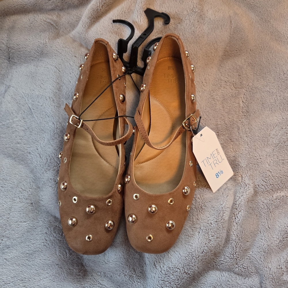 Time and Tru Taupe Studded Mary Jane Flats